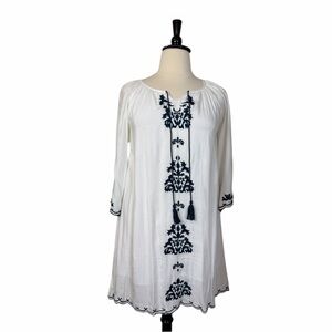 Chic Connection Embroidered New Tunic Dress White Navy Tassel Women’s Size XL